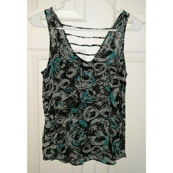 Nollie Women's Tank Top Sheer Black with White and Blue Flowers - Picture 1 of 3